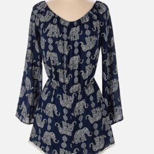 Jesse & J Women’s L Navy Elephant Print Long Sleeve Romper Pom‑Pom Trim Boho